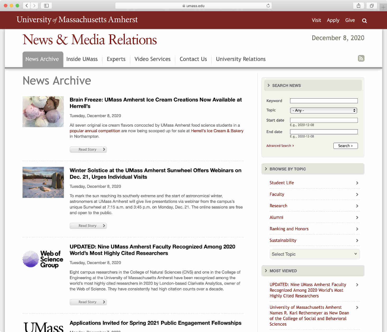 UMass News Archive search page