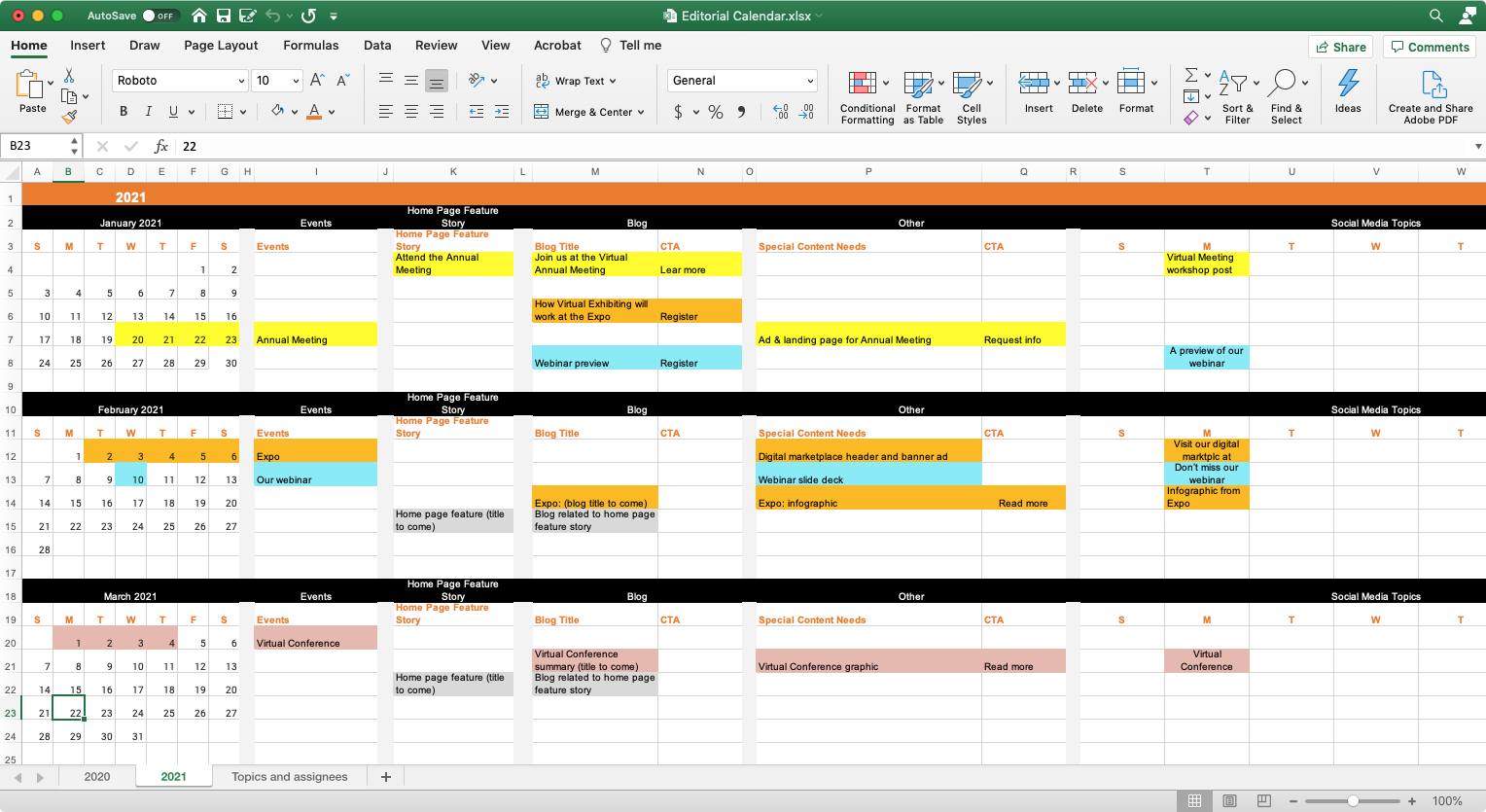 Editorial calendar in Excel screenshot