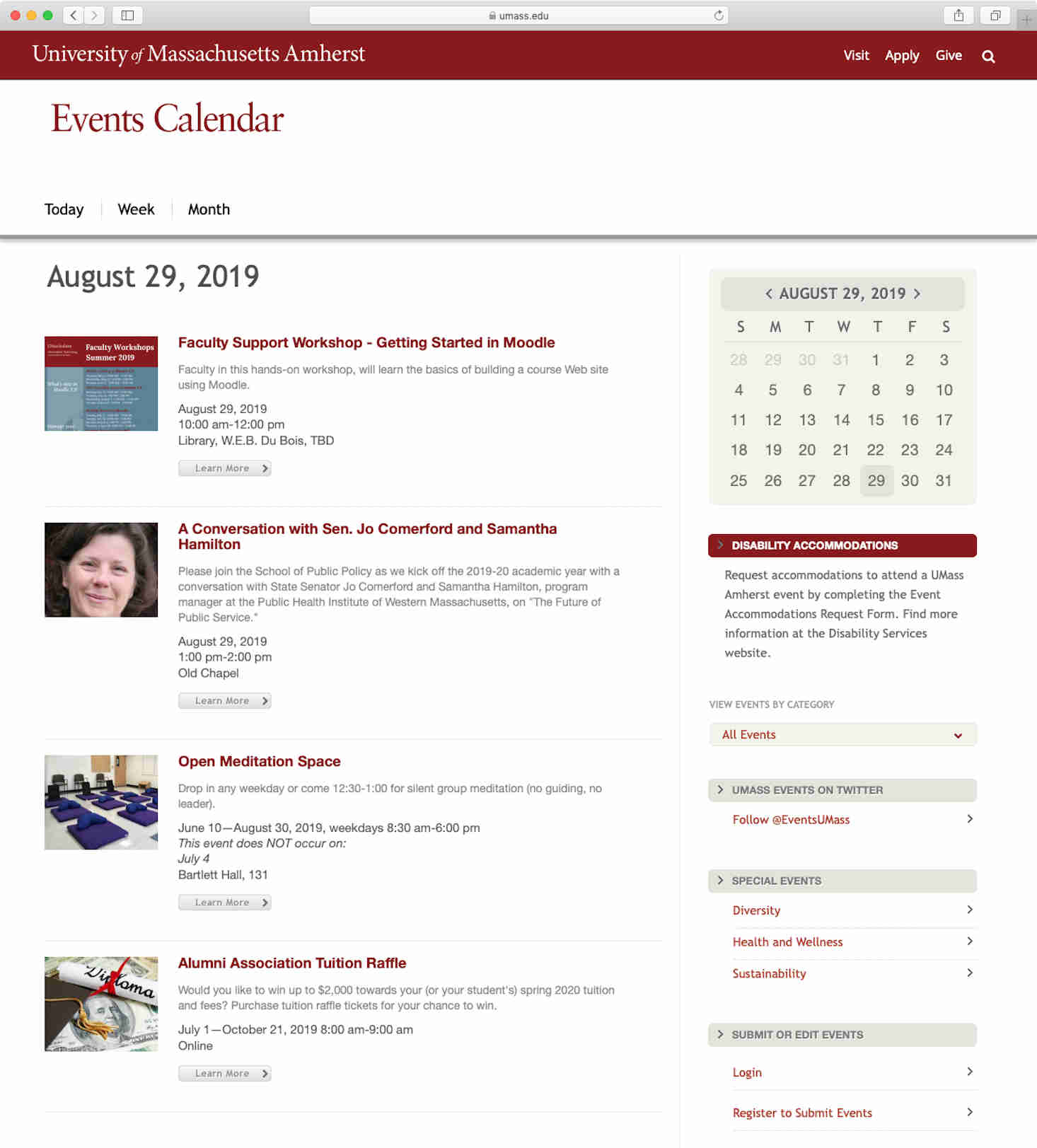 UMass Events Calendar page